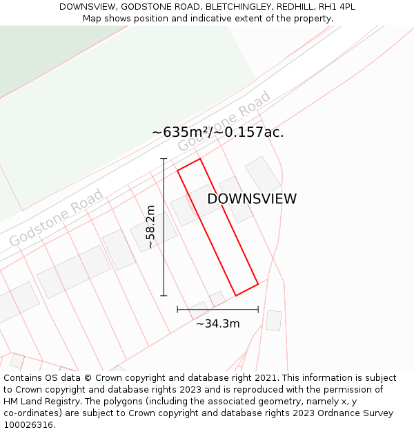 DOWNSVIEW, GODSTONE ROAD, BLETCHINGLEY, REDHILL, RH1 4PL: Plot and title map