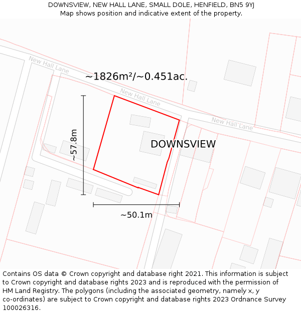 DOWNSVIEW, NEW HALL LANE, SMALL DOLE, HENFIELD, BN5 9YJ: Plot and title map