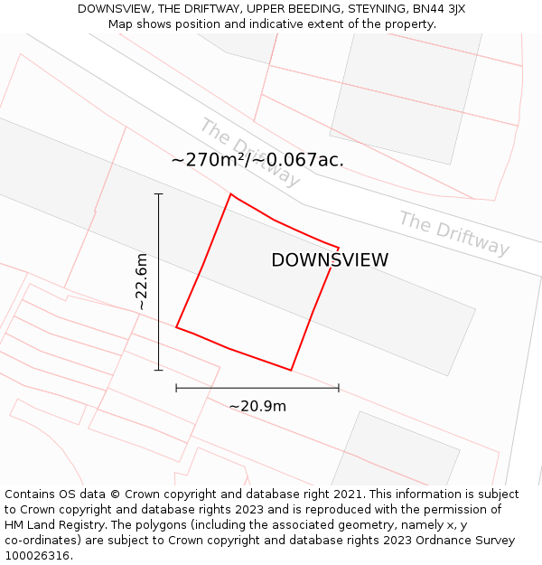 DOWNSVIEW, THE DRIFTWAY, UPPER BEEDING, STEYNING, BN44 3JX: Plot and title map
