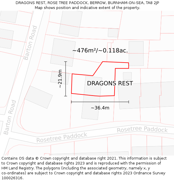 DRAGONS REST, ROSE TREE PADDOCK, BERROW, BURNHAM-ON-SEA, TA8 2JP: Plot and title map