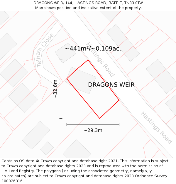 DRAGONS WEIR, 144, HASTINGS ROAD, BATTLE, TN33 0TW: Plot and title map