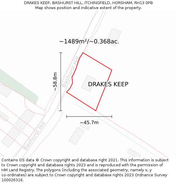DRAKES KEEP, BASHURST HILL, ITCHINGFIELD, HORSHAM, RH13 0PB: Plot and title map