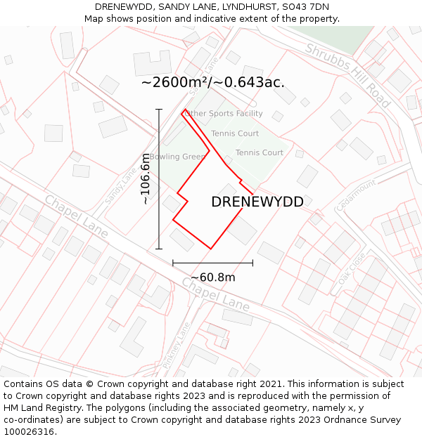 DRENEWYDD, SANDY LANE, LYNDHURST, SO43 7DN: Plot and title map