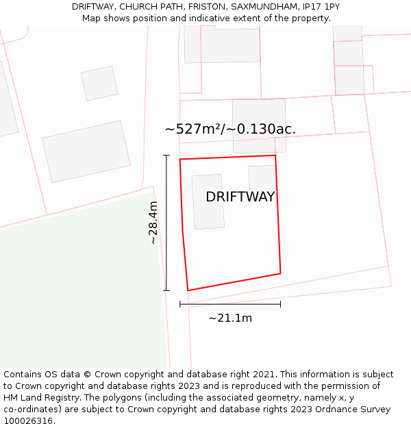 DRIFTWAY, CHURCH PATH, FRISTON, SAXMUNDHAM, IP17 1PY: Plot and title map