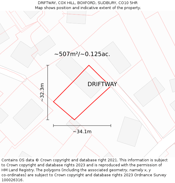 DRIFTWAY, COX HILL, BOXFORD, SUDBURY, CO10 5HR: Plot and title map