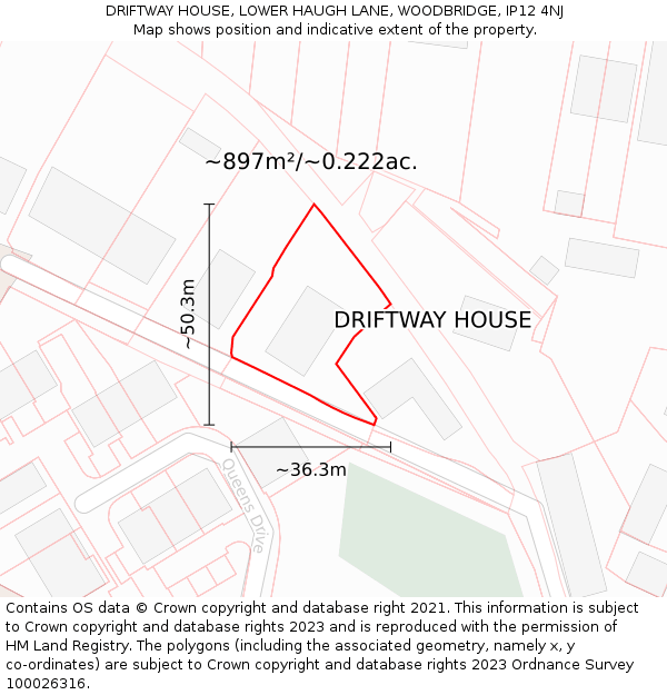 DRIFTWAY HOUSE, LOWER HAUGH LANE, WOODBRIDGE, IP12 4NJ: Plot and title map