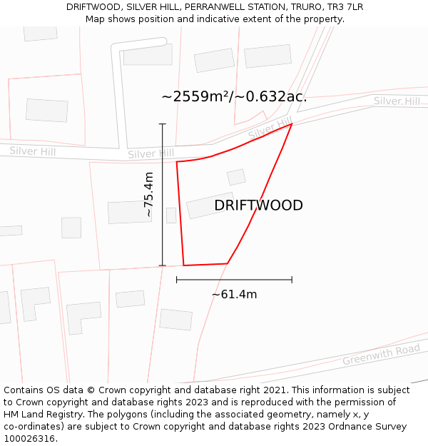 DRIFTWOOD, SILVER HILL, PERRANWELL STATION, TRURO, TR3 7LR: Plot and title map