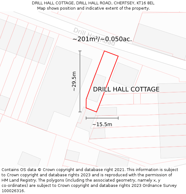 DRILL HALL COTTAGE, DRILL HALL ROAD, CHERTSEY, KT16 8EL: Plot and title map