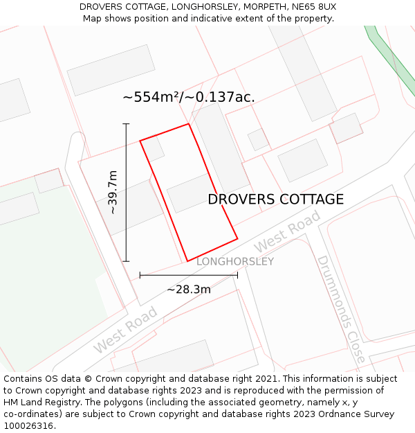 DROVERS COTTAGE, LONGHORSLEY, MORPETH, NE65 8UX: Plot and title map