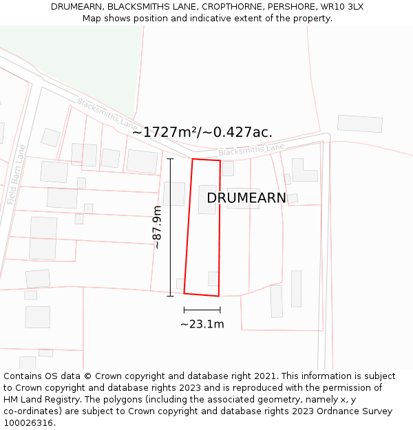DRUMEARN, BLACKSMITHS LANE, CROPTHORNE, PERSHORE, WR10 3LX: Plot and title map