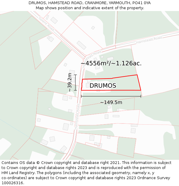 DRUMOS, HAMSTEAD ROAD, CRANMORE, YARMOUTH, PO41 0YA: Plot and title map