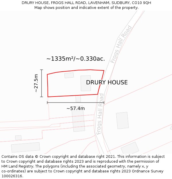 DRURY HOUSE, FROGS HALL ROAD, LAVENHAM, SUDBURY, CO10 9QH: Plot and title map