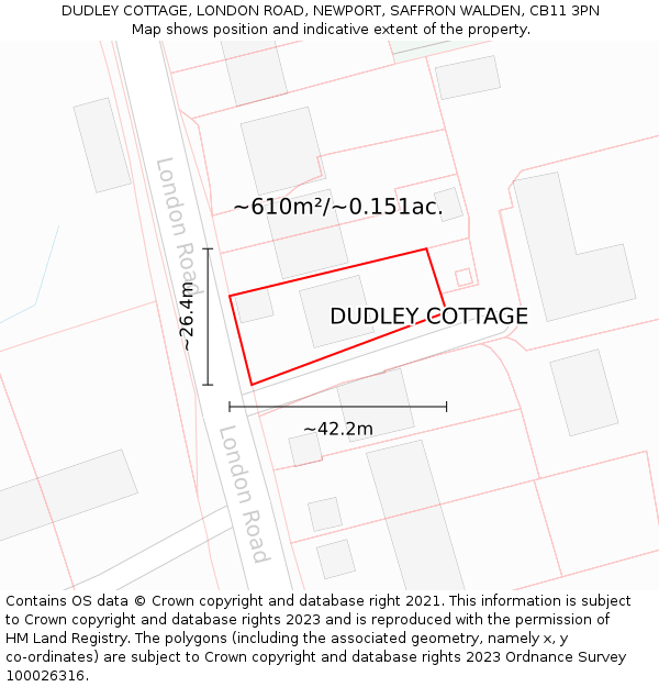 DUDLEY COTTAGE, LONDON ROAD, NEWPORT, SAFFRON WALDEN, CB11 3PN: Plot and title map