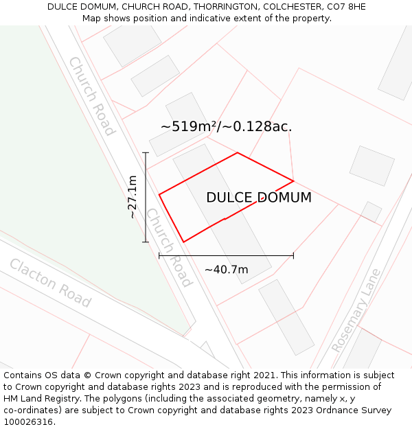 DULCE DOMUM, CHURCH ROAD, THORRINGTON, COLCHESTER, CO7 8HE: Plot and title map