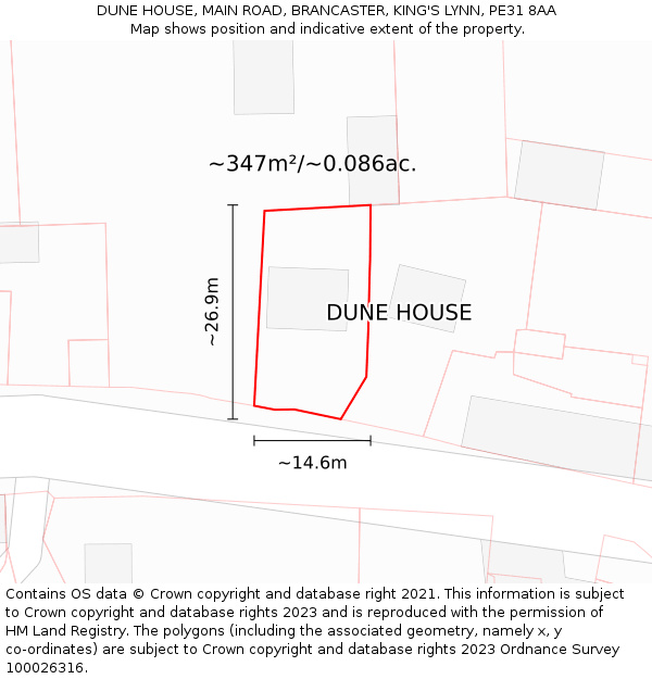 DUNE HOUSE, MAIN ROAD, BRANCASTER, KING'S LYNN, PE31 8AA: Plot and title map