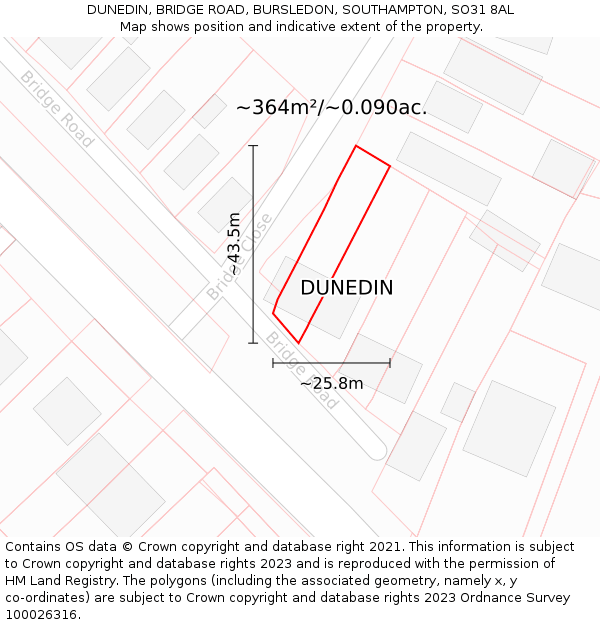 DUNEDIN, BRIDGE ROAD, BURSLEDON, SOUTHAMPTON, SO31 8AL: Plot and title map