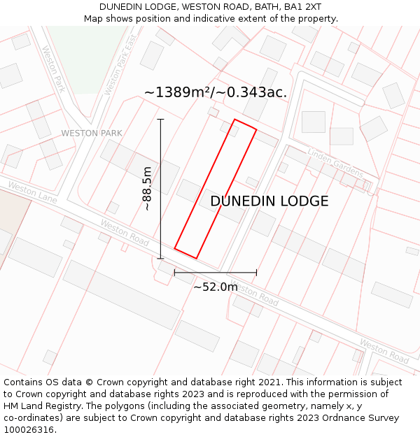 DUNEDIN LODGE, WESTON ROAD, BATH, BA1 2XT: Plot and title map