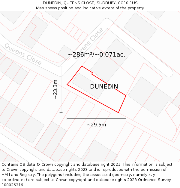 DUNEDIN, QUEENS CLOSE, SUDBURY, CO10 1US: Plot and title map