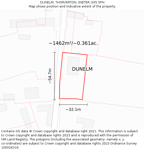 DUNELM, THORVERTON, EXETER, EX5 5PN: Plot and title map