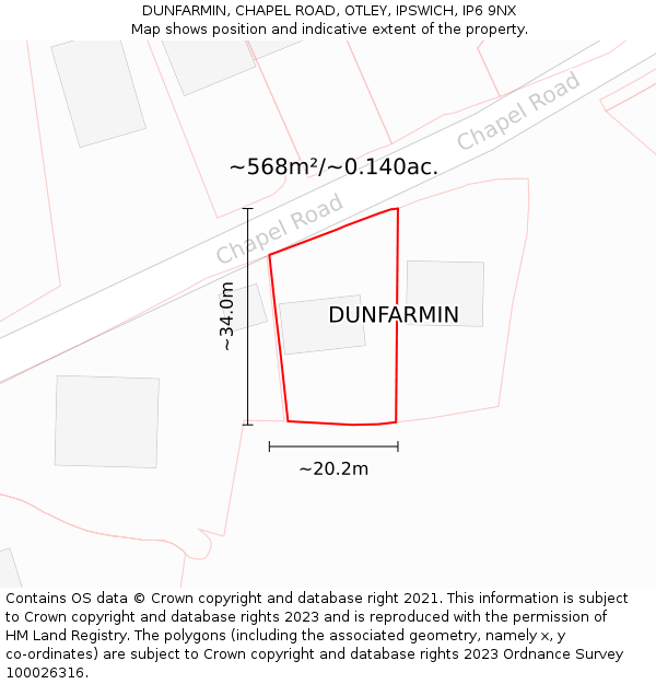 DUNFARMIN, CHAPEL ROAD, OTLEY, IPSWICH, IP6 9NX: Plot and title map
