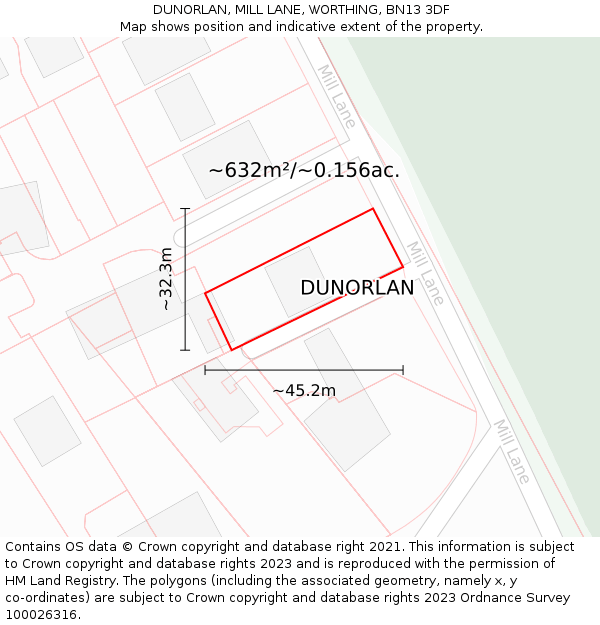 DUNORLAN, MILL LANE, WORTHING, BN13 3DF: Plot and title map