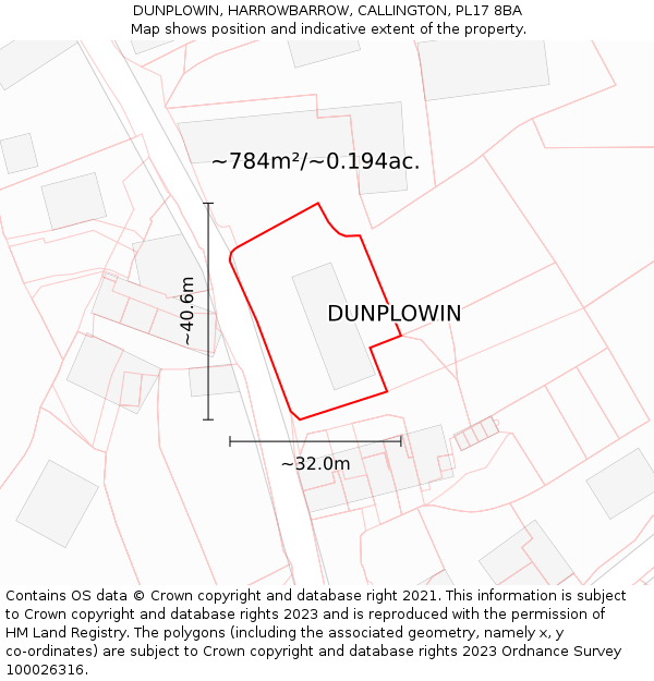 DUNPLOWIN, HARROWBARROW, CALLINGTON, PL17 8BA: Plot and title map