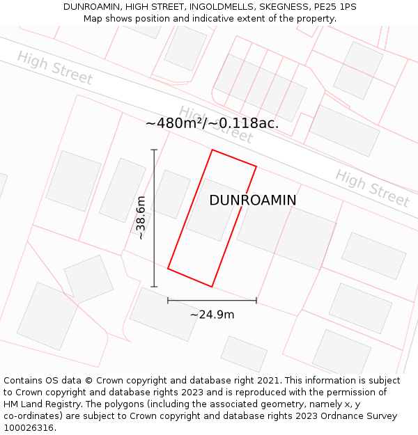 DUNROAMIN, HIGH STREET, INGOLDMELLS, SKEGNESS, PE25 1PS: Plot and title map
