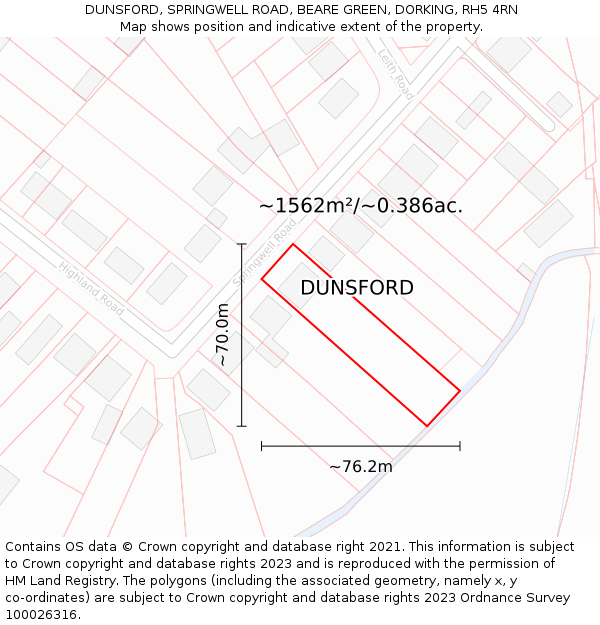 DUNSFORD, SPRINGWELL ROAD, BEARE GREEN, DORKING, RH5 4RN: Plot and title map