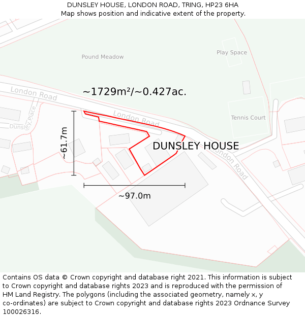 DUNSLEY HOUSE, LONDON ROAD, TRING, HP23 6HA: Plot and title map