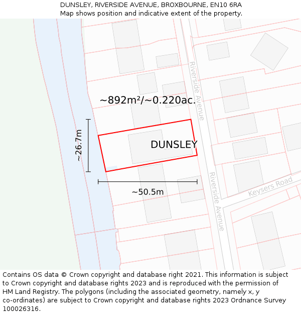 DUNSLEY, RIVERSIDE AVENUE, BROXBOURNE, EN10 6RA: Plot and title map