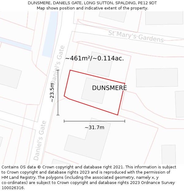 DUNSMERE, DANIELS GATE, LONG SUTTON, SPALDING, PE12 9DT: Plot and title map