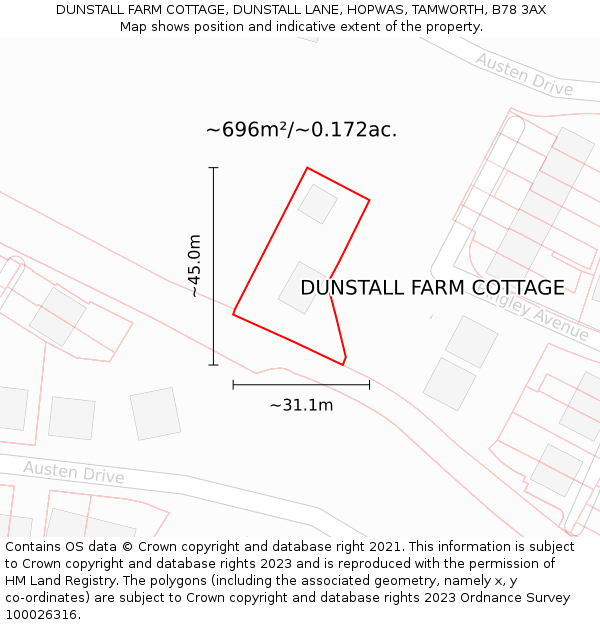 DUNSTALL FARM COTTAGE, DUNSTALL LANE, HOPWAS, TAMWORTH, B78 3AX: Plot and title map