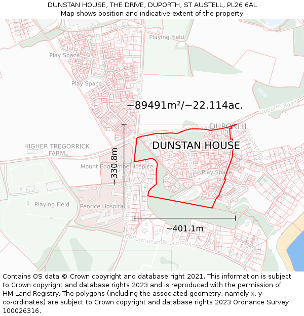 DUNSTAN HOUSE, THE DRIVE, DUPORTH, ST AUSTELL, PL26 6AL: Plot and title map