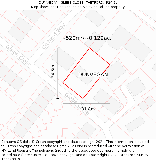 DUNVEGAN, GLEBE CLOSE, THETFORD, IP24 2LJ: Plot and title map