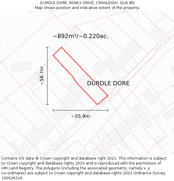 DURDLE DORE, ROWLY DRIVE, CRANLEIGH, GU6 8PJ: Plot and title map