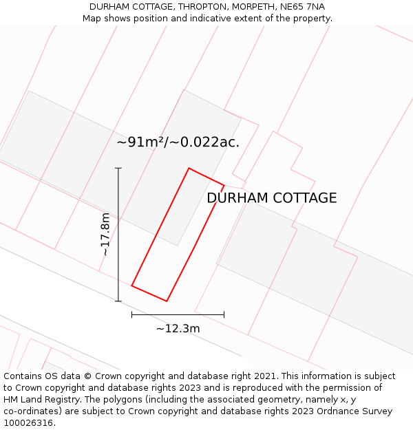 DURHAM COTTAGE, THROPTON, MORPETH, NE65 7NA: Plot and title map