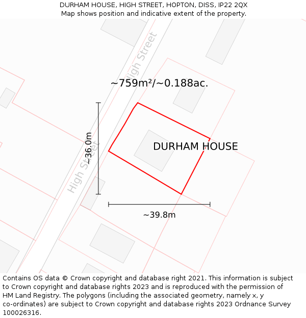DURHAM HOUSE, HIGH STREET, HOPTON, DISS, IP22 2QX: Plot and title map