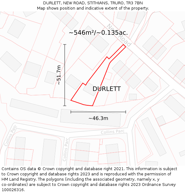 DURLETT, NEW ROAD, STITHIANS, TRURO, TR3 7BN: Plot and title map