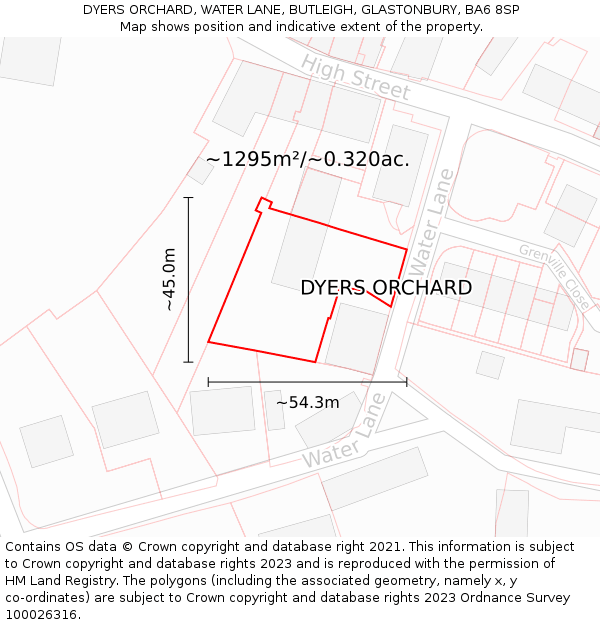 DYERS ORCHARD, WATER LANE, BUTLEIGH, GLASTONBURY, BA6 8SP: Plot and title map