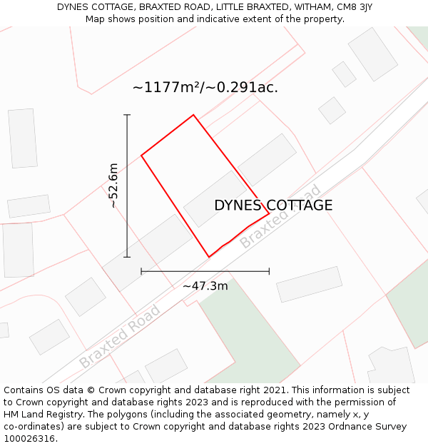 DYNES COTTAGE, BRAXTED ROAD, LITTLE BRAXTED, WITHAM, CM8 3JY: Plot and title map