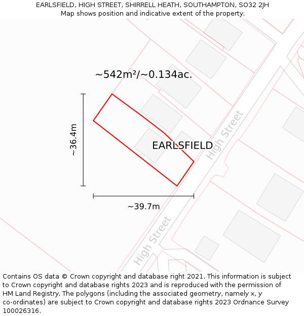EARLSFIELD, HIGH STREET, SHIRRELL HEATH, SOUTHAMPTON, SO32 2JH: Plot and title map