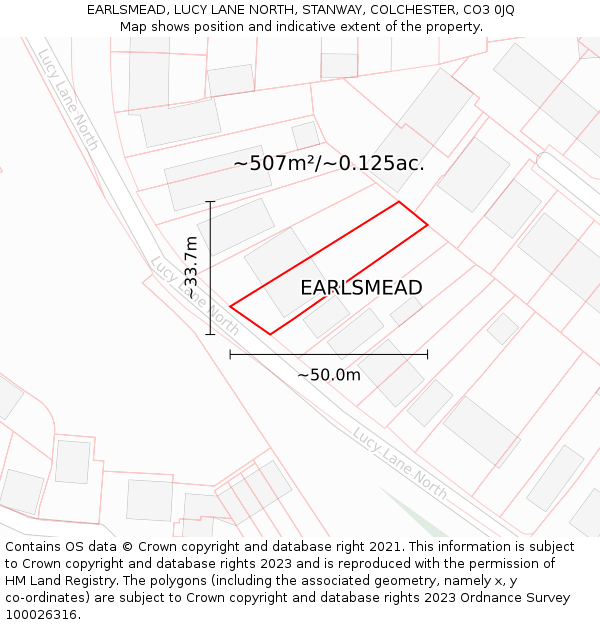 EARLSMEAD, LUCY LANE NORTH, STANWAY, COLCHESTER, CO3 0JQ: Plot and title map
