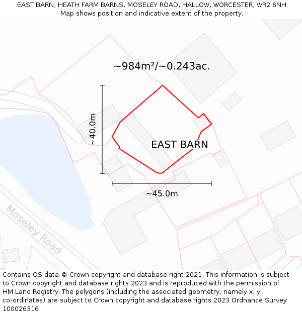 EAST BARN, HEATH FARM BARNS, MOSELEY ROAD, HALLOW, WORCESTER, WR2 6NH: Plot and title map