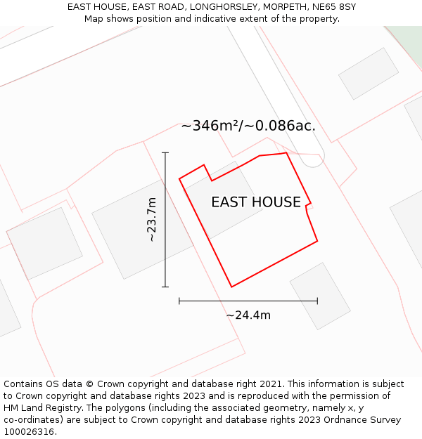 EAST HOUSE, EAST ROAD, LONGHORSLEY, MORPETH, NE65 8SY: Plot and title map