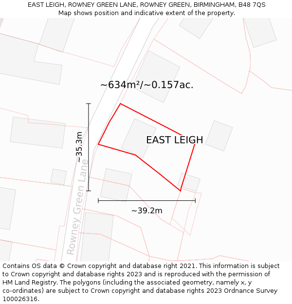 EAST LEIGH, ROWNEY GREEN LANE, ROWNEY GREEN, BIRMINGHAM, B48 7QS: Plot and title map