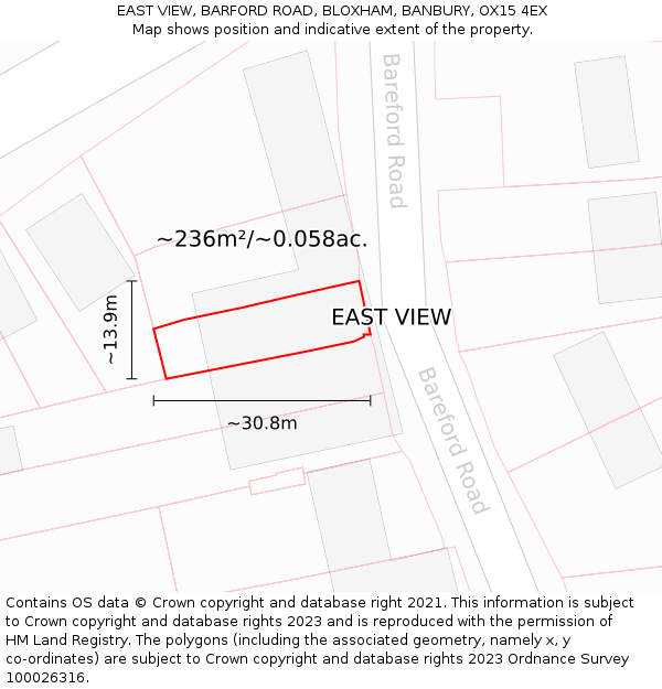 EAST VIEW, BARFORD ROAD, BLOXHAM, BANBURY, OX15 4EX: Plot and title map