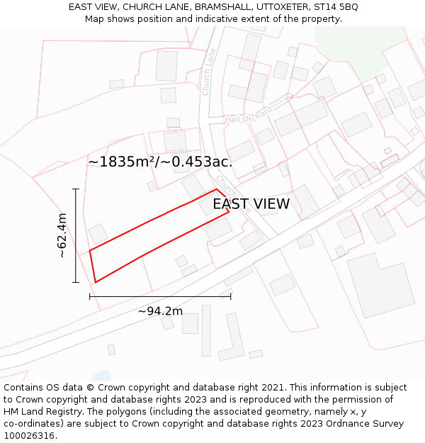 EAST VIEW, CHURCH LANE, BRAMSHALL, UTTOXETER, ST14 5BQ: Plot and title map