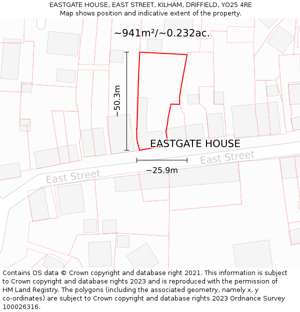 EASTGATE HOUSE, EAST STREET, KILHAM, DRIFFIELD, YO25 4RE: Plot and title map