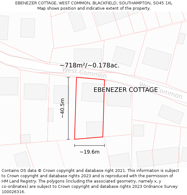 EBENEZER COTTAGE, WEST COMMON, BLACKFIELD, SOUTHAMPTON, SO45 1XL: Plot and title map