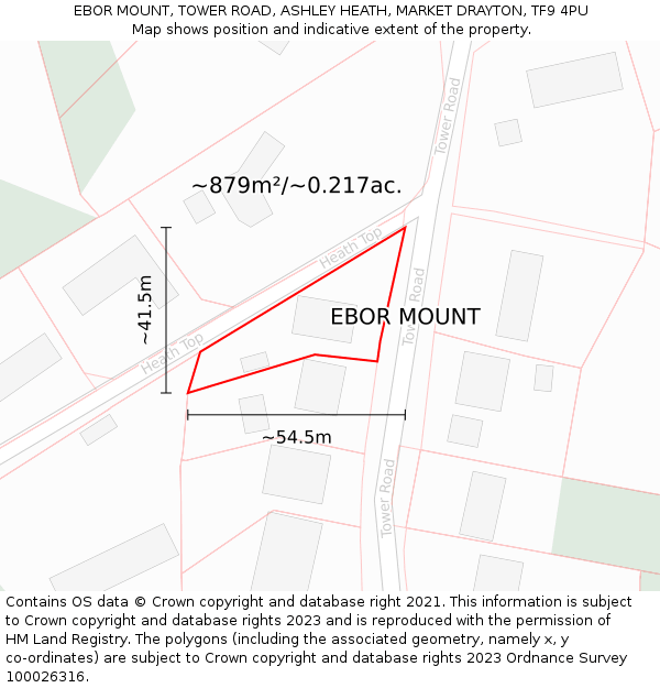 EBOR MOUNT, TOWER ROAD, ASHLEY HEATH, MARKET DRAYTON, TF9 4PU: Plot and title map